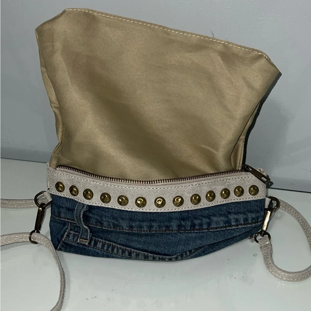 Denim and White Studded Crossbody Bag